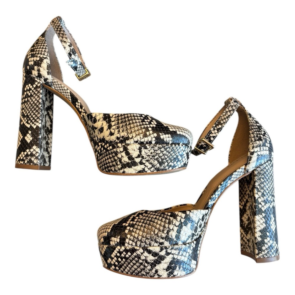 Aldo Pumps Womens 6‎ Black White Snakeskin Block Heels Round Toe Ankle Strap - Picture 4 of 12